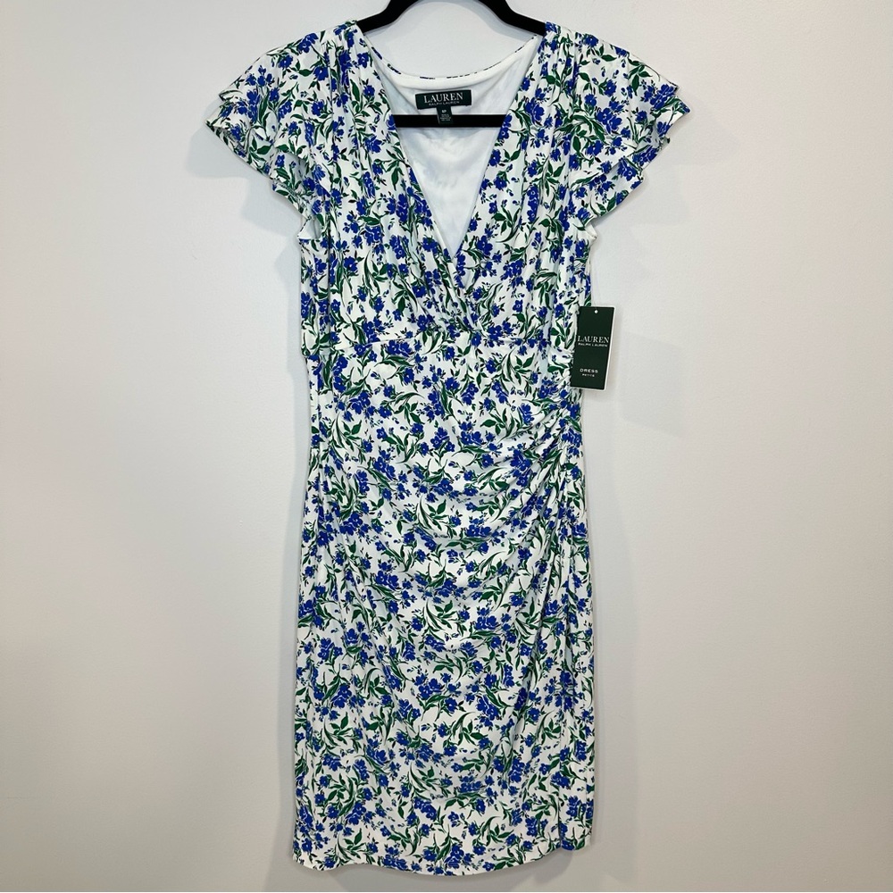 Lauren Ralph Lauren Jersey Flutter-Sleeve Lined Flower Print Midi Dress 8P NWT